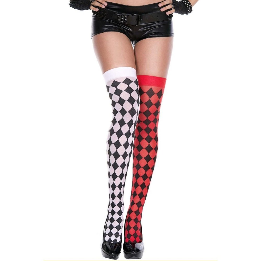 Red White Harlequin mismatch thigh high Halloween Stockings 4193